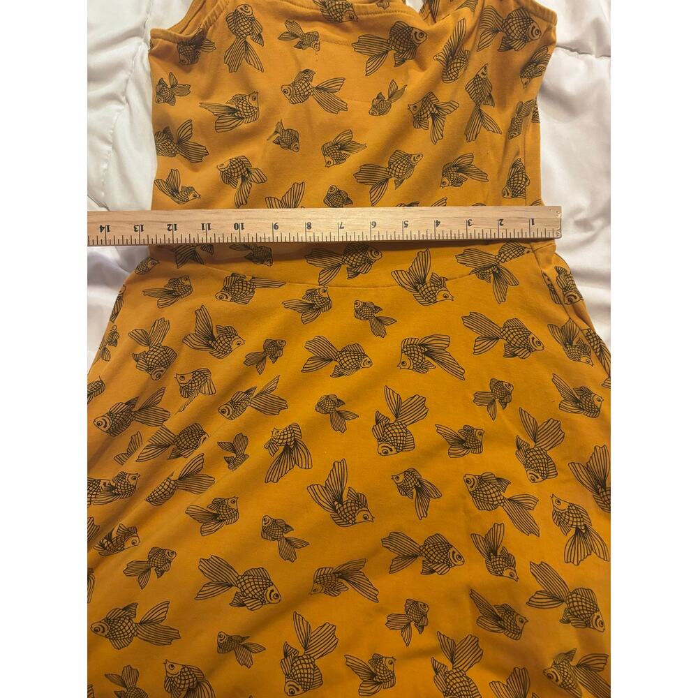 Effie’s Heart Goldfish Print Fit & Flare Dress Size Medium Mustard Retro Midi - Picture 6 of 6